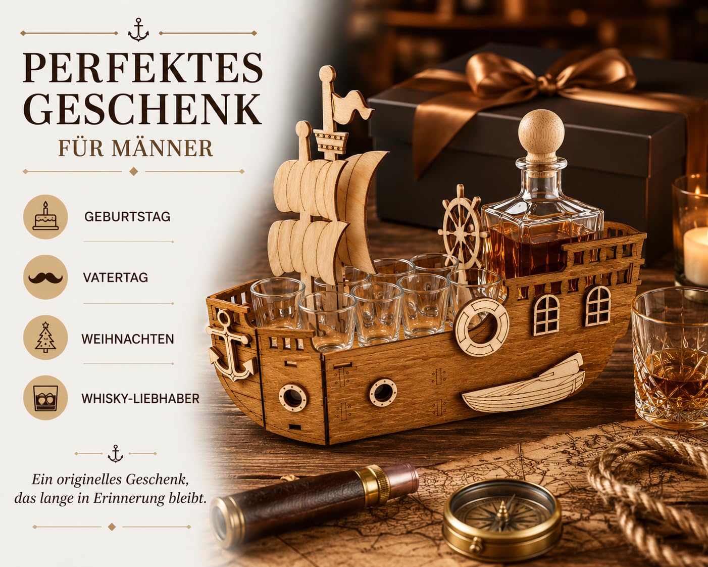 Schiff mit Karaffe & 6 Gläsern – Geschenk für Männer | Piraten-Deko aus Holz | Barzubehör für Schnaps, Wodka, Whisky | Vatertag, Geburtstag, Papa