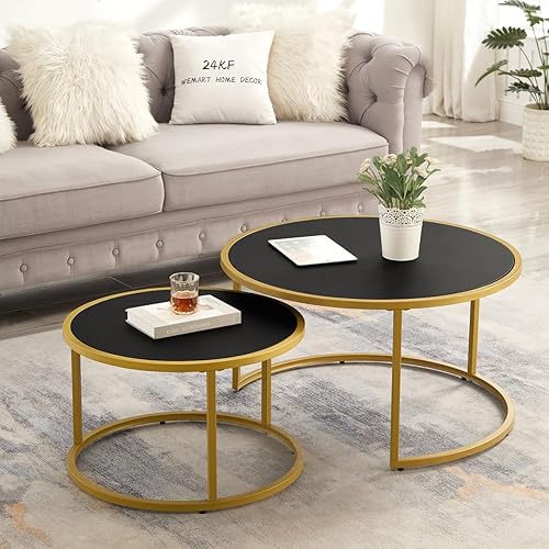 Miniatura 7 de 24KF Moderna mesa de centro redonda de piel sintética con base de metal negro, mesa de té decorativa para sala de estar, juego de 2, color marrón