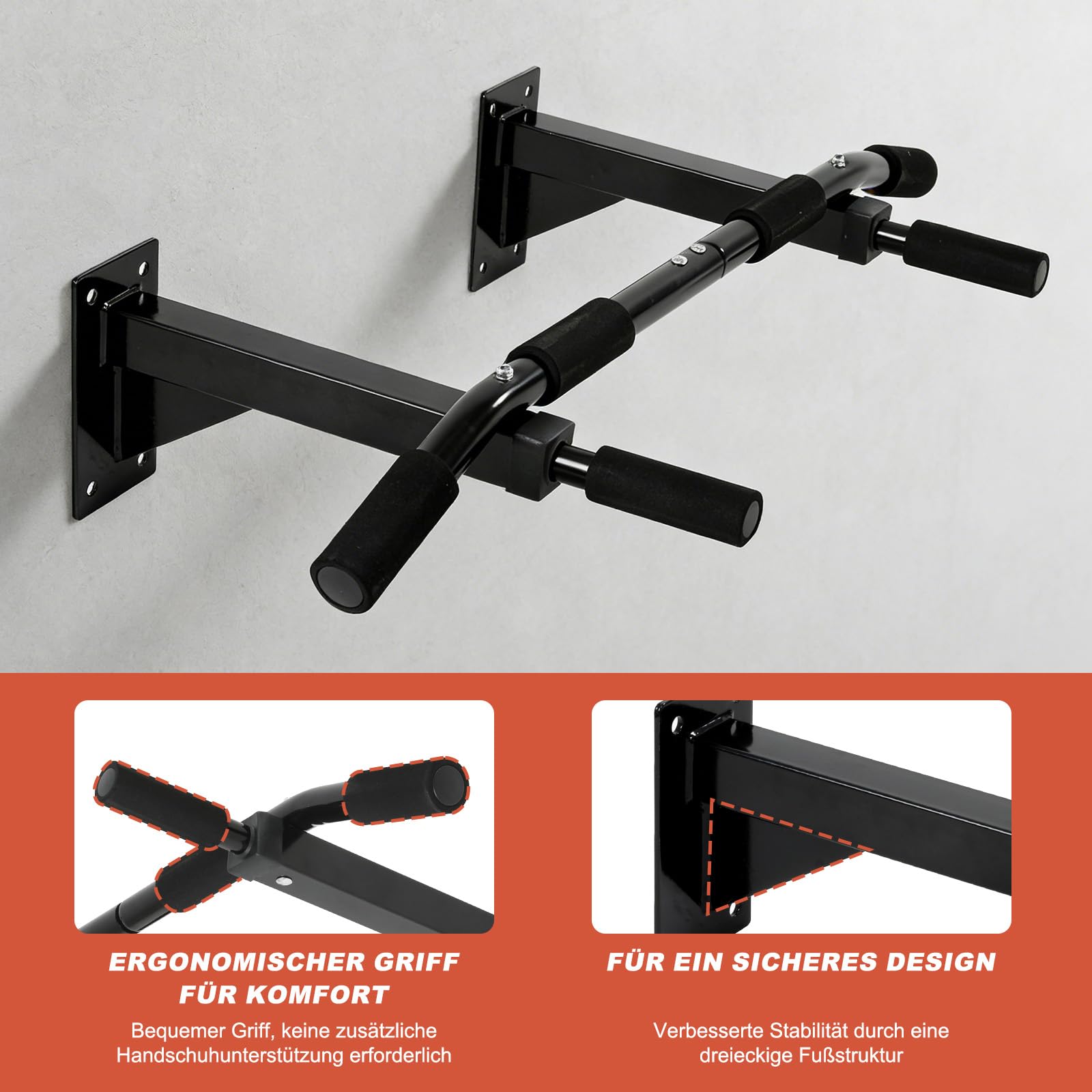 ISE Klimmzugstange Wand zur Wandmontage, Pull Up Bar mit rutschfesten Griffen, Klimmzugstange Decke mit Wandhalterung & 8 Schwerlastdübel zur Montage SY-165