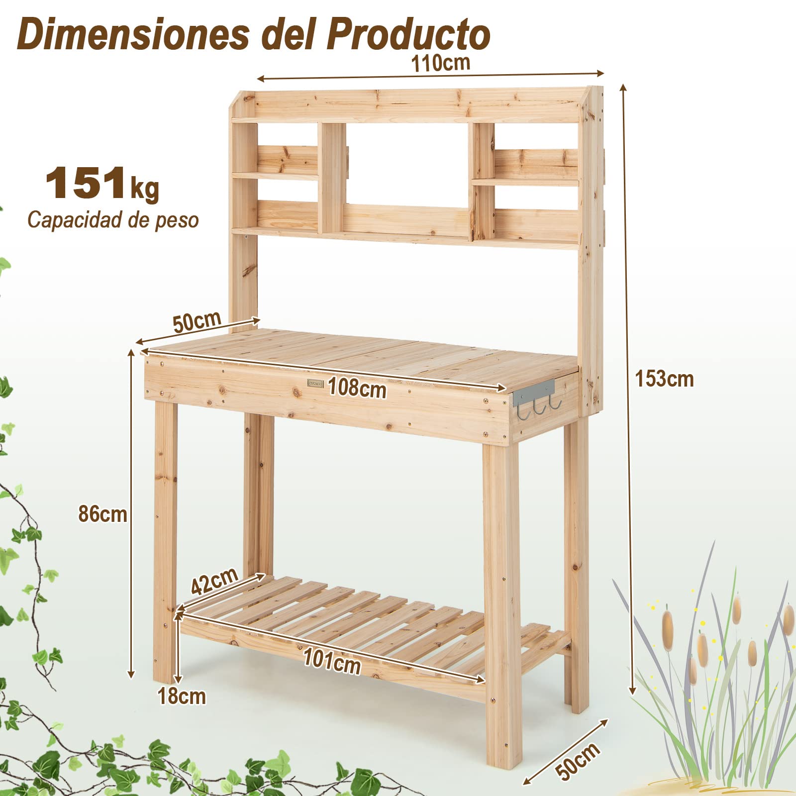 COSTWAY Mesa de Plantación de Madera para Macetas, Mesa de Jardín para Macetas con Estantes, Tablero Abrible, Ganchos, Mesa de Trabajo de Madera para Exteriores, Carga de 150 kg (110x50x153cm)