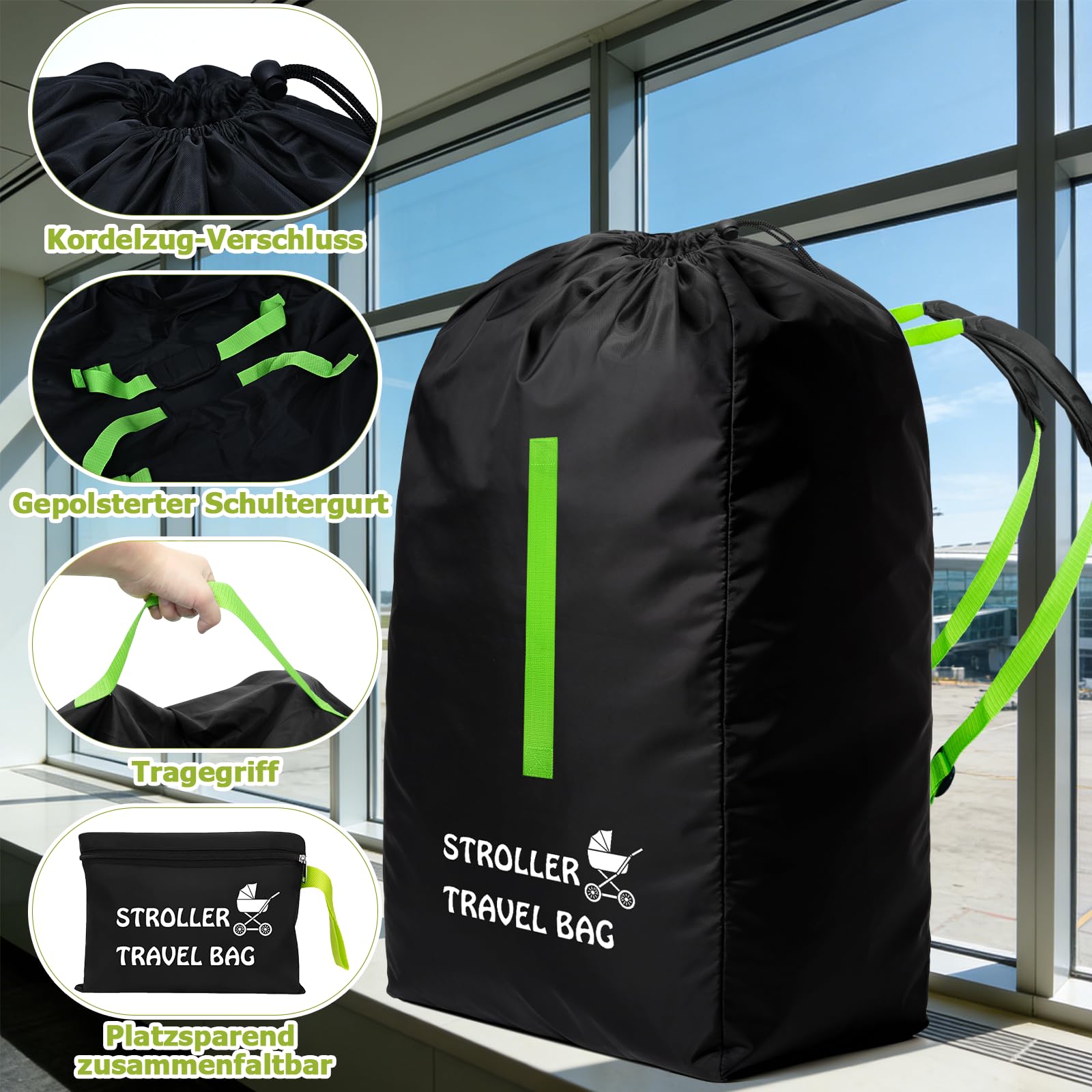 Funda Protectora de Viaje para Cochecito y Silla de Coche, Bolsa de Transporte Grande 120x63x43cm para Avión o Coche, Se Adapta a la Mayoría de Modelos | Funda impermeable para avión, resistente 600D Oxford bolsa con correa de hombro ajustable para cochec