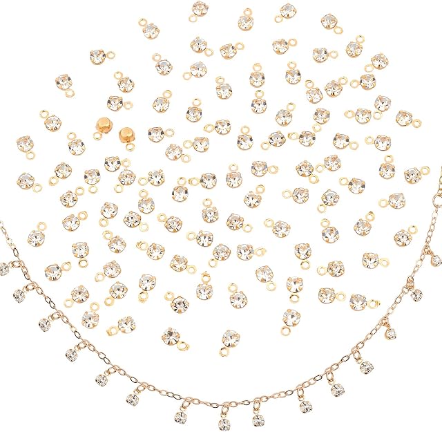 PandaHall 100pcs Mini Rhinestone Charms Pendant Brass Golden Plated Birthstone Crystal Dangle Pendants for Earrings Necklace Anklet Bracelet DIY Jewellery Making