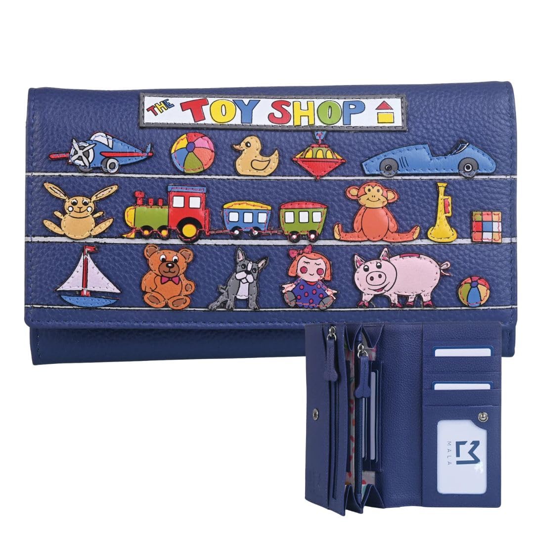 Mala Leather Beau Bulldog "The Toy Shop" Portmonetka dla kobiet z miękkiej skóry, z ochroną RFID, przegródki na karty, okienka na dowód osobisty, kieszenie na monety z zamkiem błyskawicznym, 17 x 10