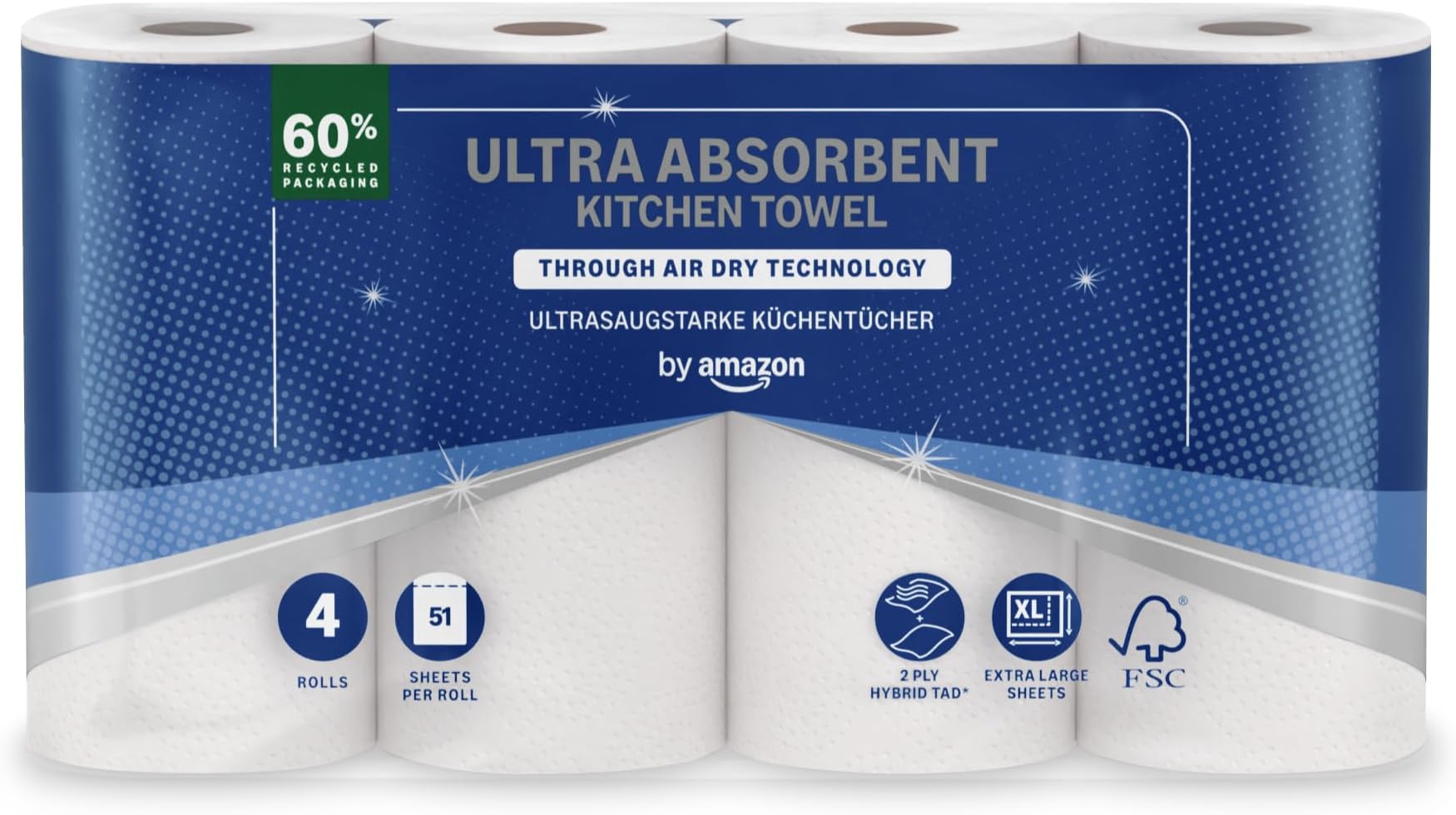 by Amazon Ultra Absorbent TAD Kitchen Roll, 4 Rolls (Pack of 1), 51 Sheets per Roll, FSC Certified