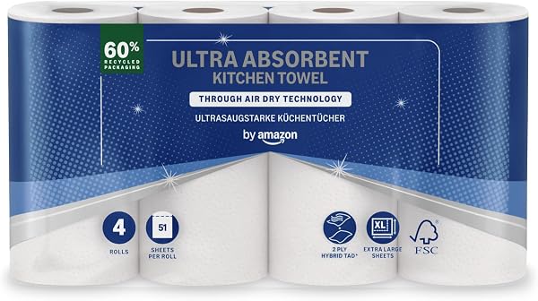 by Amazon Ultra Absorbent TAD Kitchen Roll, 4 Rolls (Pack of 1), 51 Sheets per Roll, FSC Certified - 1