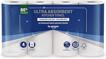 by Amazon Ultra Absorbent Kitchen Towel, 4 Rolls (1 Pack of 4), 45 Sheets per Roll, Spinning and Reusable, FSC Certified