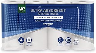 by Amazon ULTRA Küchenrolle, Extra Saugfähig, 4 Rollen (4 Rollen, 1-er Pack), 45 Blätter pro Rolle, Auswringen und Wiederverwenden, FSC-zertifiziert