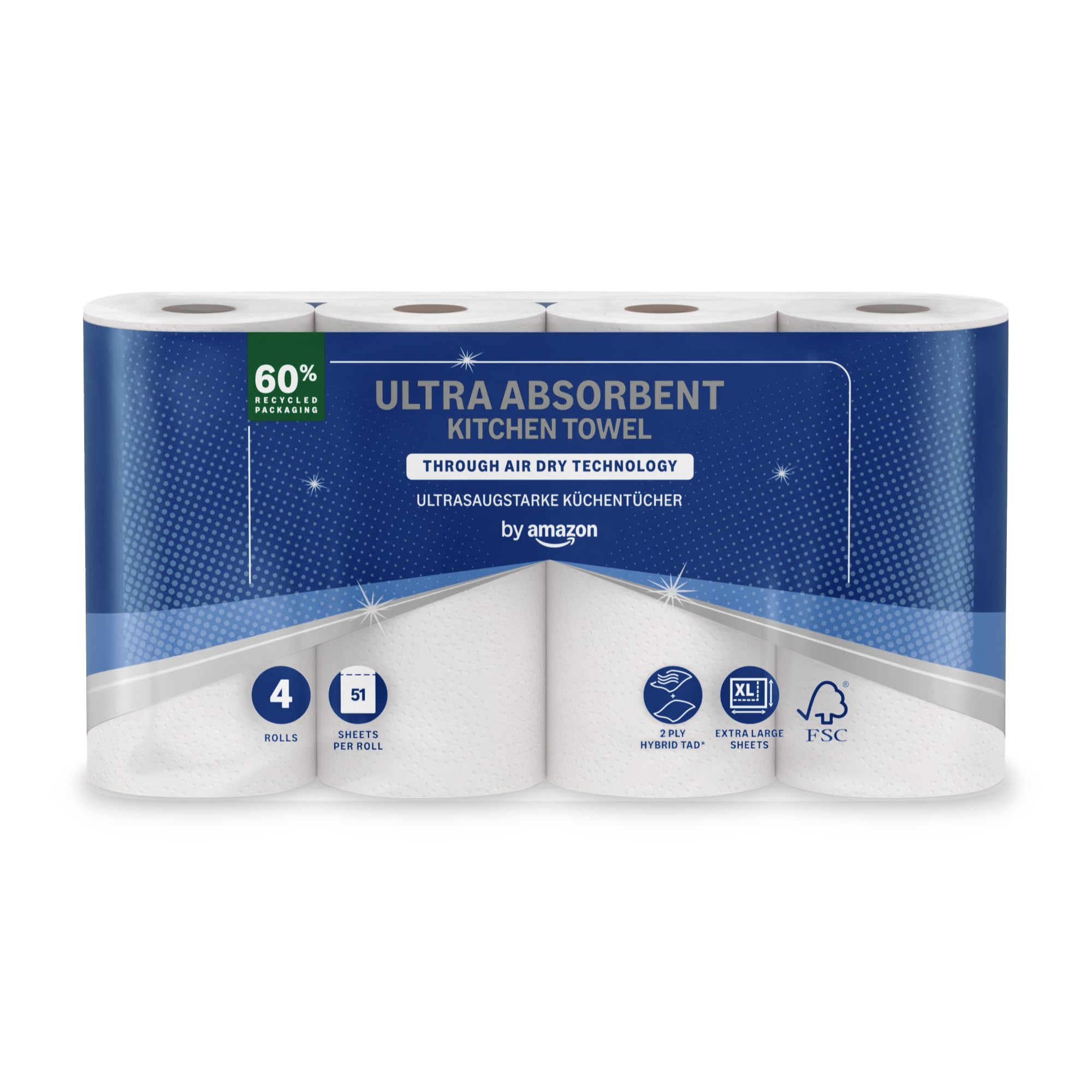 Ultra Absorbent TAD Kitchen Roll, 4 Rolls (Pack of 1), 45 Sheets per Roll, FSC Certified