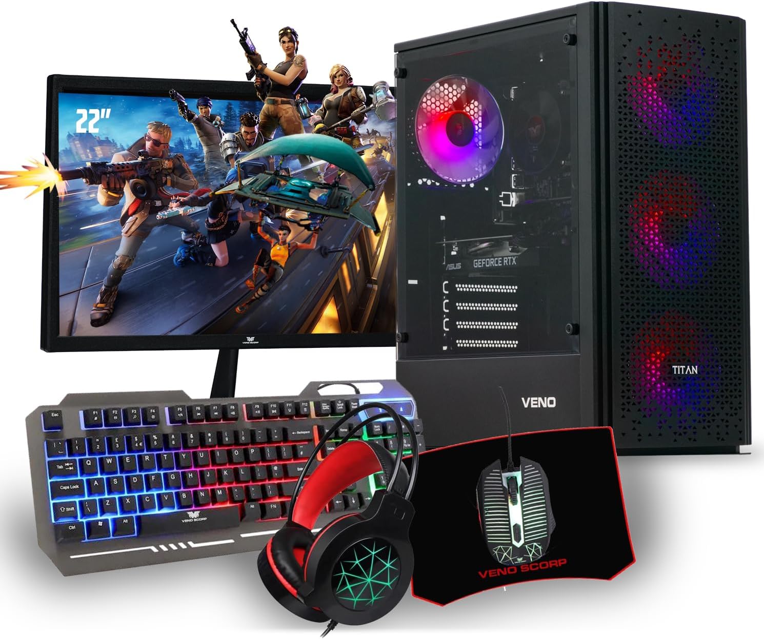 Veno Scorp Gaming PC Bundle Intel Core i7-4790 Processor RX 550 4GB Graphics Card - 16GB Ram - 1TB SSD - 550W PSU - Windows 10 Pro - WiFi - Titan 4