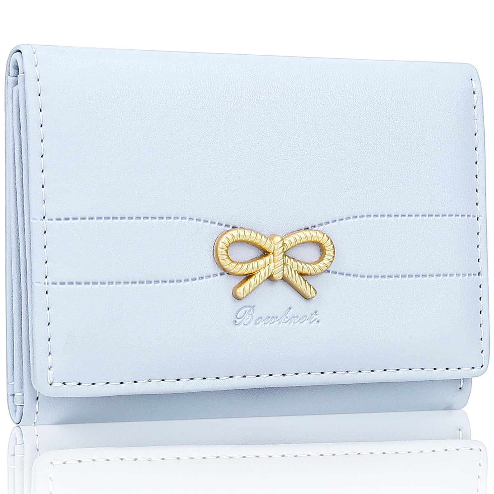 Farcauo Portemonnaie Damen Geldbeutel Frauen Geldbörsen Klein Damen Portemonnaie Mini Geldbörse Blaue Schleife Portmonee mit Ausweisfach und Kartenhüllen Portmonee für Frauen Klein