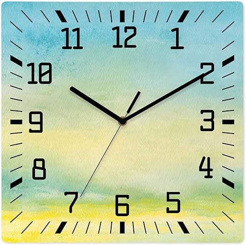 Debedcor Yellow Green Watercolor Painting Wooden Wall Clock Silent Non Ticking, Abstract Art Green Ombre Square Wall Clock Battery Operated, Decor