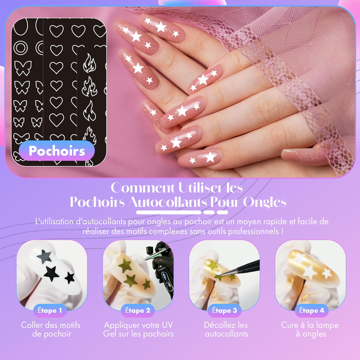 Kit 12 Vernis Semi-Permanent Gel UV Airbrush Ongle – Nail Art – Séchage Rapide Lampe UV/LED – Haute Pigmentation – Manucure Ongles – Nettoyant aérographe – Pochoir