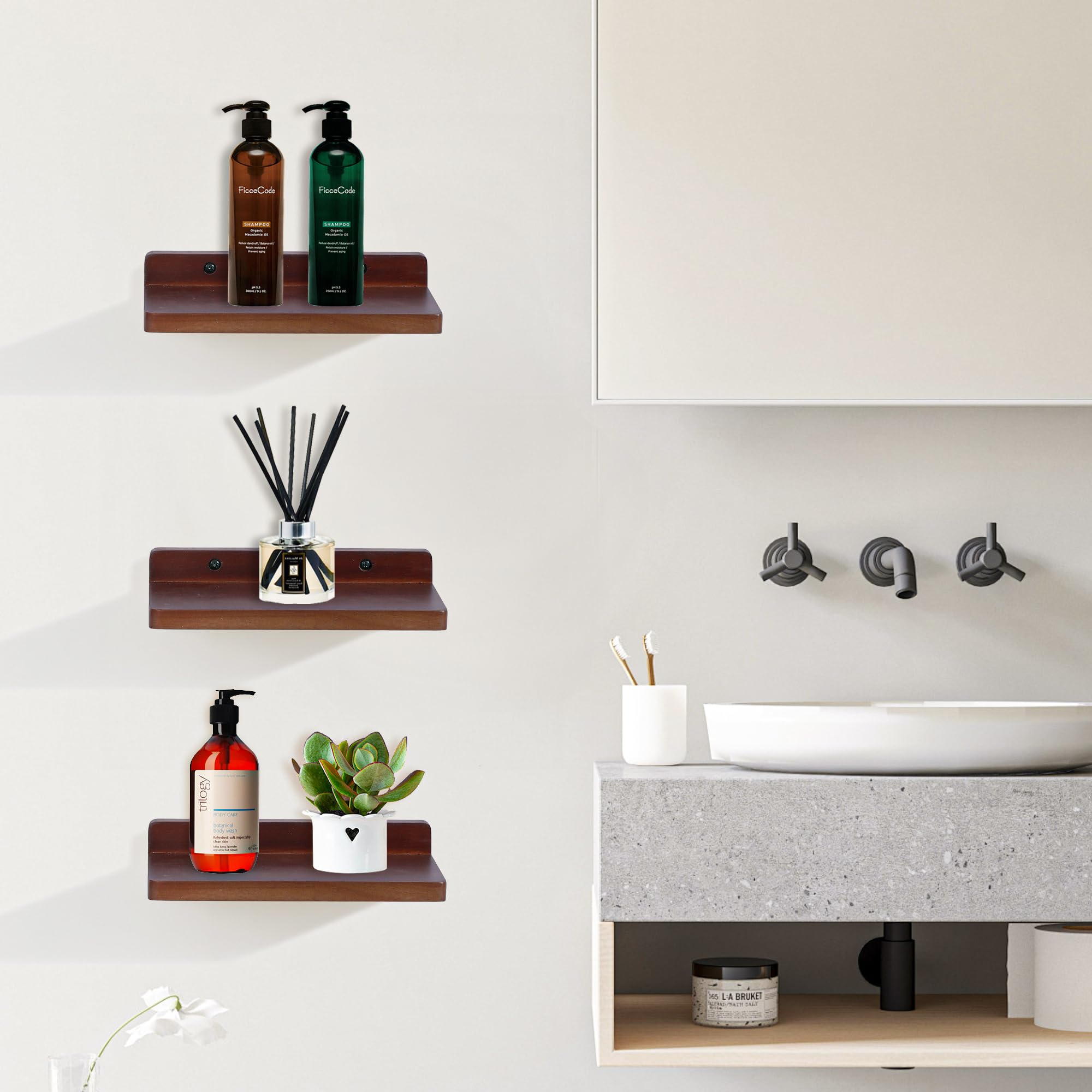 Petite étagère flottante, 12,7 x 21,6 cm, lot de 3 petites étagères murales pour chambre à coucher, salon, salle de bain, cuisine, bureau (noyer)