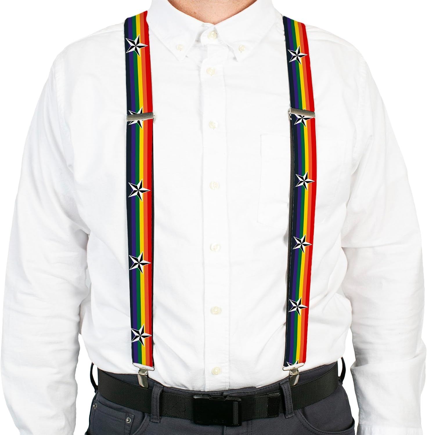 Buckle-Down Suspenders, Nautical Star Rainbow White Black