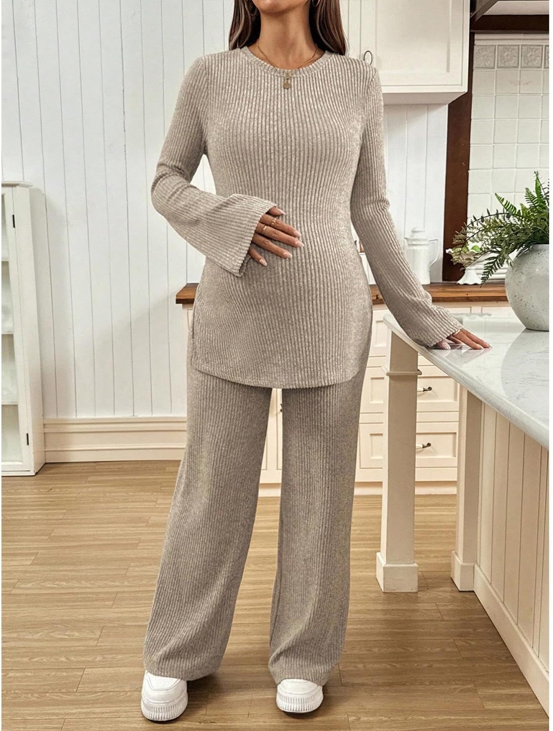 Women's Maternity 2 Piece Outfits Ribbed Knit Long Sleeve Wide Leg Pants Pregnancy Lounge Set
