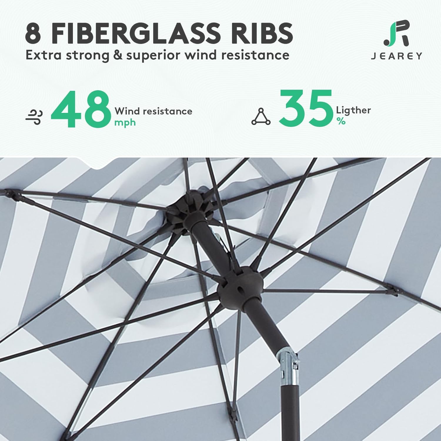 JEAREY 9FT Outdoor Patio Umbrella,Market Table Umbrella with 8 Fiberglass Ribs, Pool Umbrella with Tilt and Crank, UV Protection Lightweight & Wind-Resistant for Lawn, Garden, Deck and Backyard, Black-White Stripe