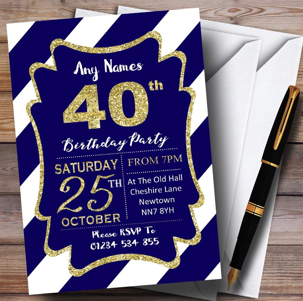 Blue White Diagonal Stripes Gold 40th Personalized Birthday Party Invitations