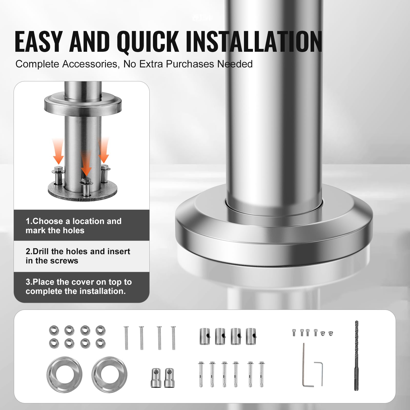 VEVOR Corrimano per Gradini Esterni, Kit Corrimano per Scale 2 Traverse 180 cm Lunghezza, Ringhiere Transizione Acciaio Inox Kit Installazione, Corrimano Scale Doppia Colonna per Veranda e Terrazza
