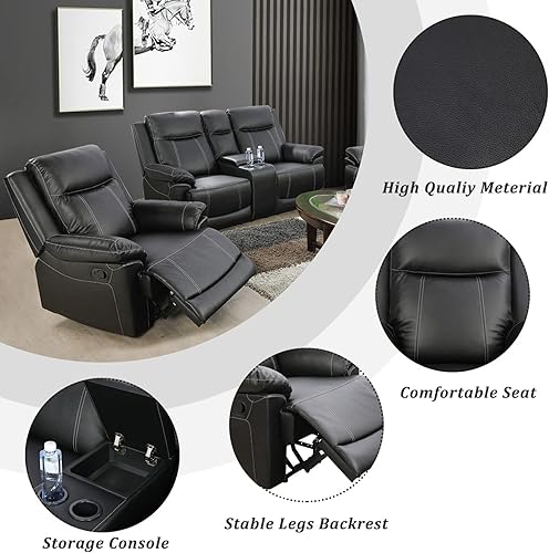 Miniatura 4 de GEBADOL Muebles de sala de estar, sofá reclinable de cuero, sofá reclinable manual con portavasos para casadormitoriooficinaapartamento (negro1