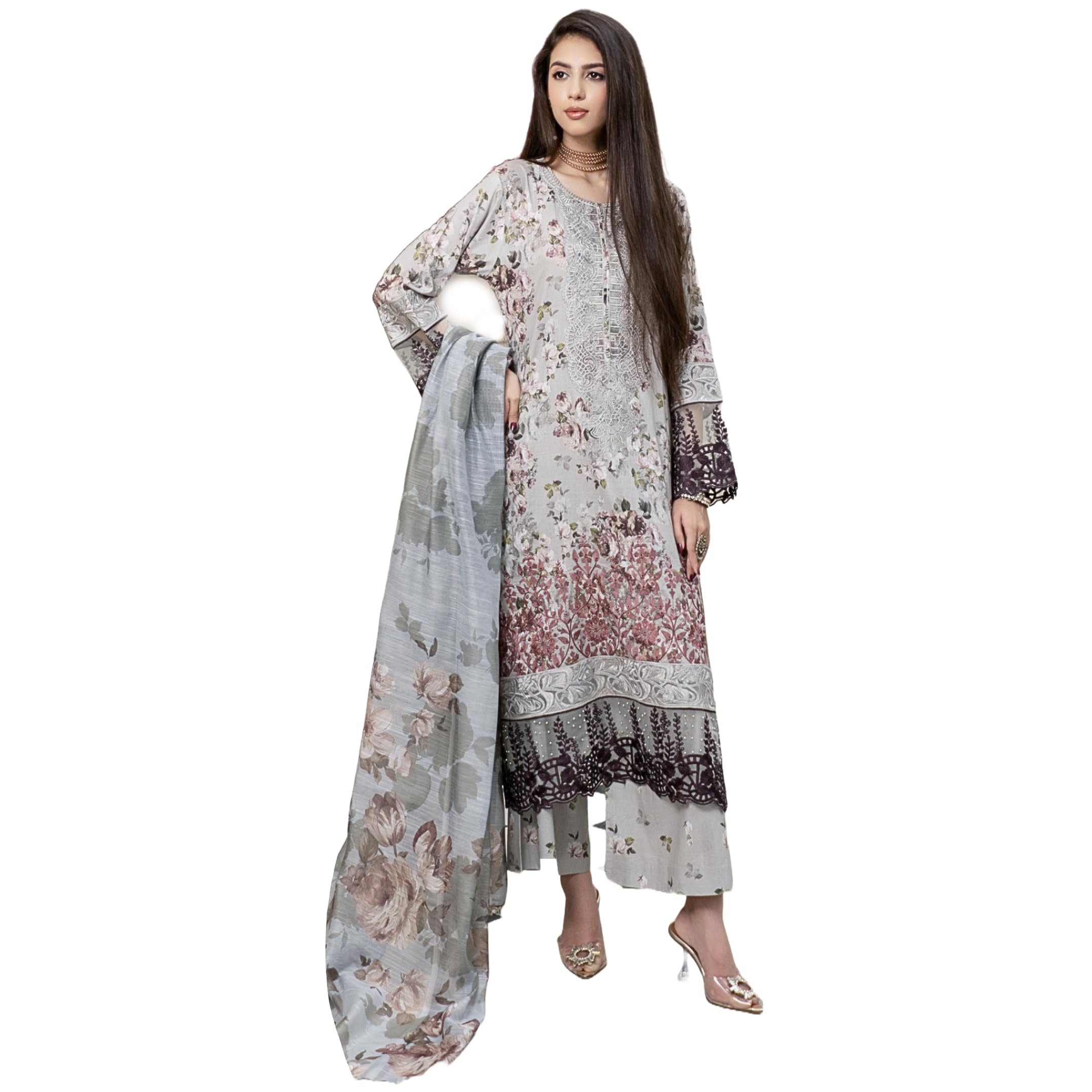 Womens Pakistani Ready to Wear Suit Embroidered Shirt Sleeves Printed Lawn Cotton Trouser Dupatta - C6D3
