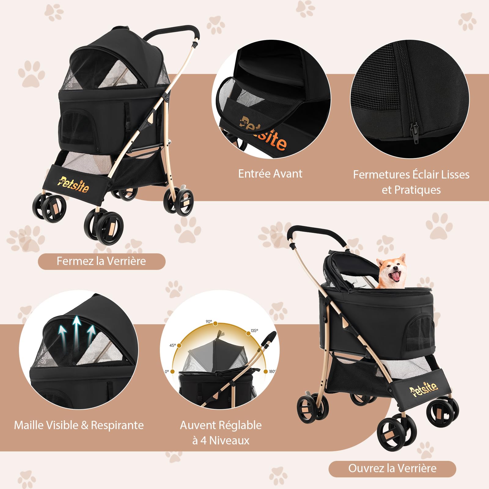 GOPLUS 3 en 1 Poussette pour Chien Chat, Poussette Pliable, Siège de Voiture Amovible, Auvent Réglable, Entrée en Maille Zippée, Panier de Rangement, pour Petits/Moyens Chiens Chats(Noir)