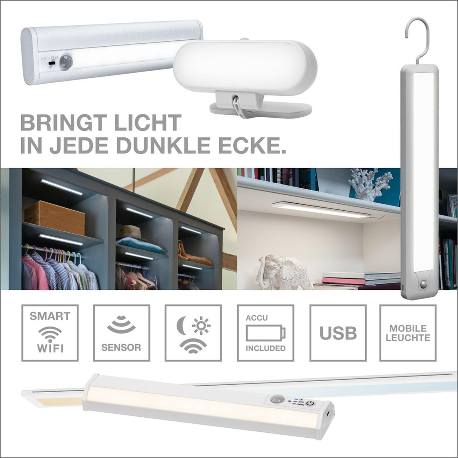 Licht-Erlebnisse LED Unterbauleuchte mit Bewegungsmelder Aluminium Metall Weiß 3000-4000-6500 K CCT Click-DIM Regal Schrank Arbeitsplatz B:50 cm Lichtleiste Flur