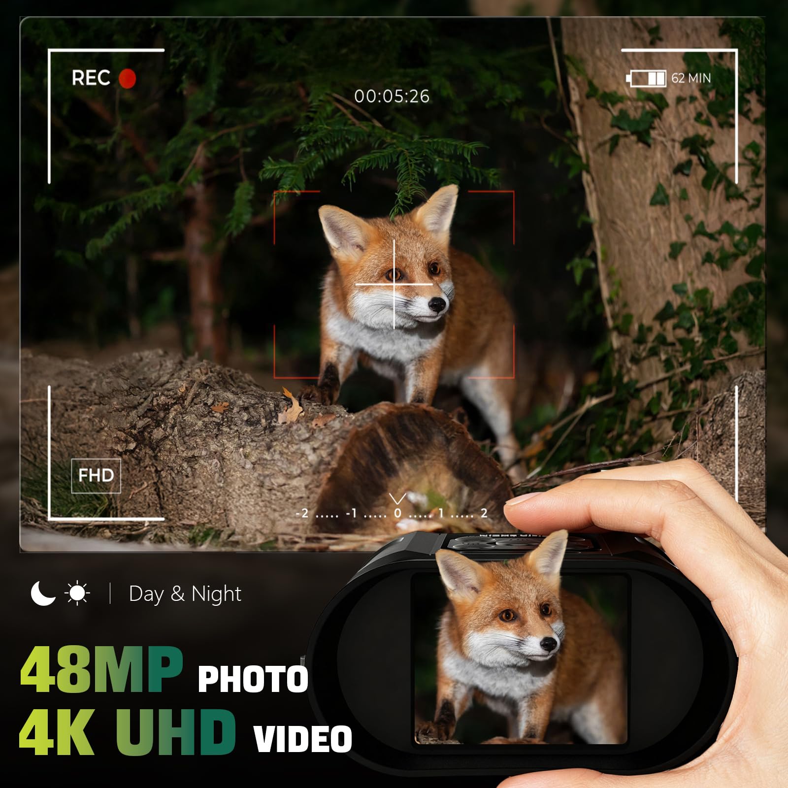 Jumelle Vision Nocturne 4K 48MP, Portée de Vision 300m, IR Réglable à 7 Niveaux, Zoom Numérique 8X, Écran HD 2,4’’ pour Chasse, Camping et Observation de la Faune