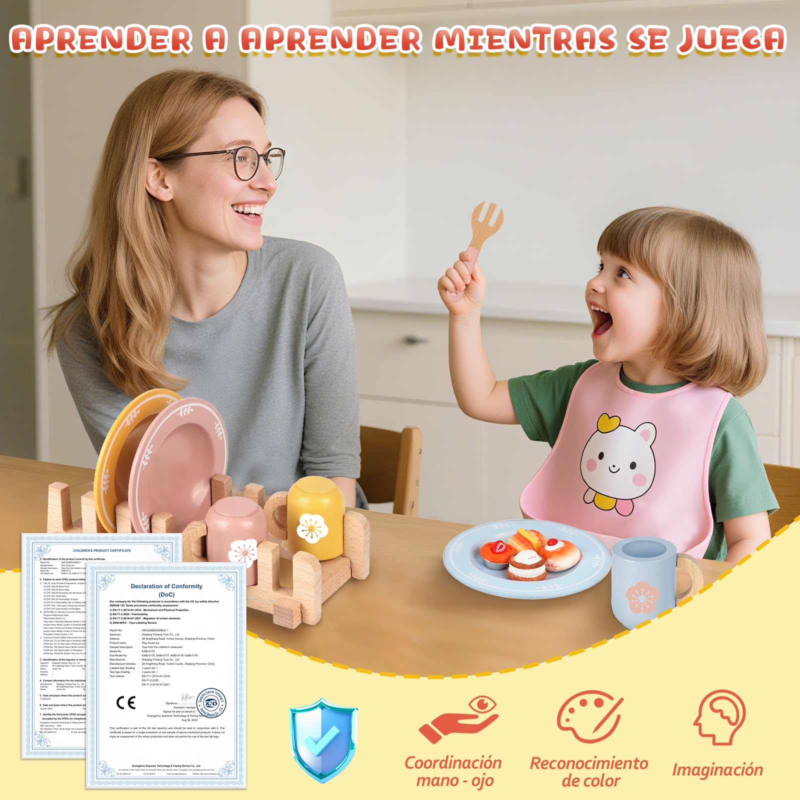 Charmofun Stoviglie Cucina Bambini in Legno, 30 Pezzi Accessori Cucina Bambini di Legno, Cucina Tea Party Regalo per Ragazze Ragazzi 4 5 6 7 8 anni