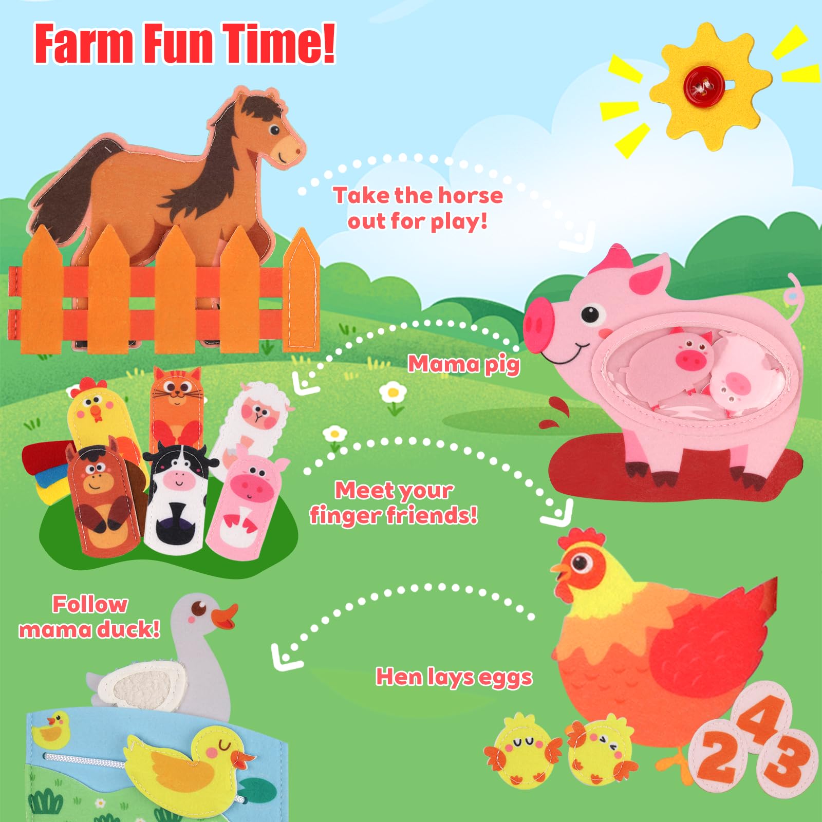 PAPAcroscoma 2026 New Models Busy Board for Toddlers: 3D Portable Felt Animal Farm Montessori Toy Busy Book for 1 2 3 4 Year Old Boy Girl Gifts Sensory Travel Educational Toy (Red) - Image 4