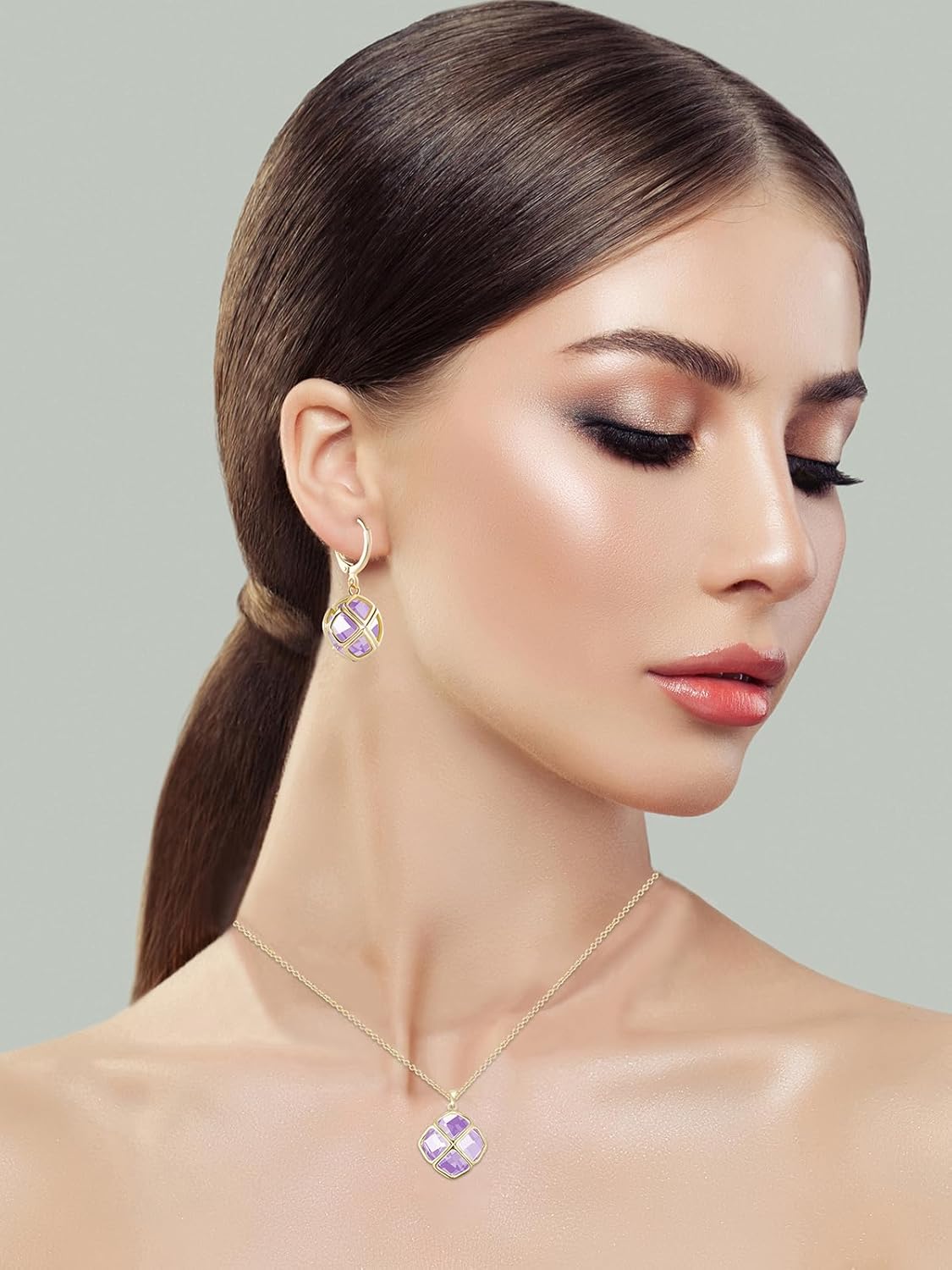 Crystal Pendant Necklace Earrings Sets for Women 14K Glod Plated Jewelry - Image 2