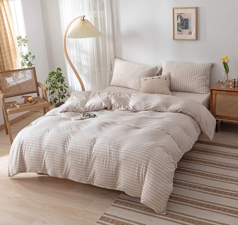 DONEUS Duvet Cover King Size - 100% Jersey Cotton Striped Duvet Cover Set, Ultra Soft and Breathable Light Brown Bedding Set 3 Pieces with Zipper Closure, 1 Duvet Cover 104x90 Inch and 2 Pillow Sham