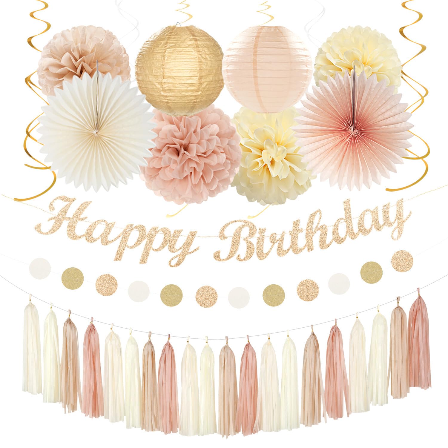 Champagne-Gold Beige 21st Happy-Birthday Party-Decorations - 31pcs Sweet 16 18th Women Girls Paper Lanterns Streamers Banner,Tissue Pom Poms Fans