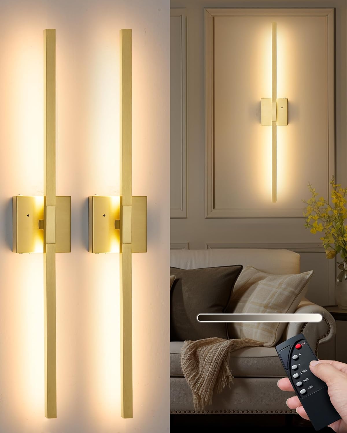 Battery Operated Wall Sconce Set of 2, Rechargeable Wall Sconces with Remote Control, Dimmable Wireless Sconce, Modern LED Cordless Sconces Light for Living Room, Bedroom 24 Inch Brushed Gold 2 Pack Gold 24 inch(2 Pack)
