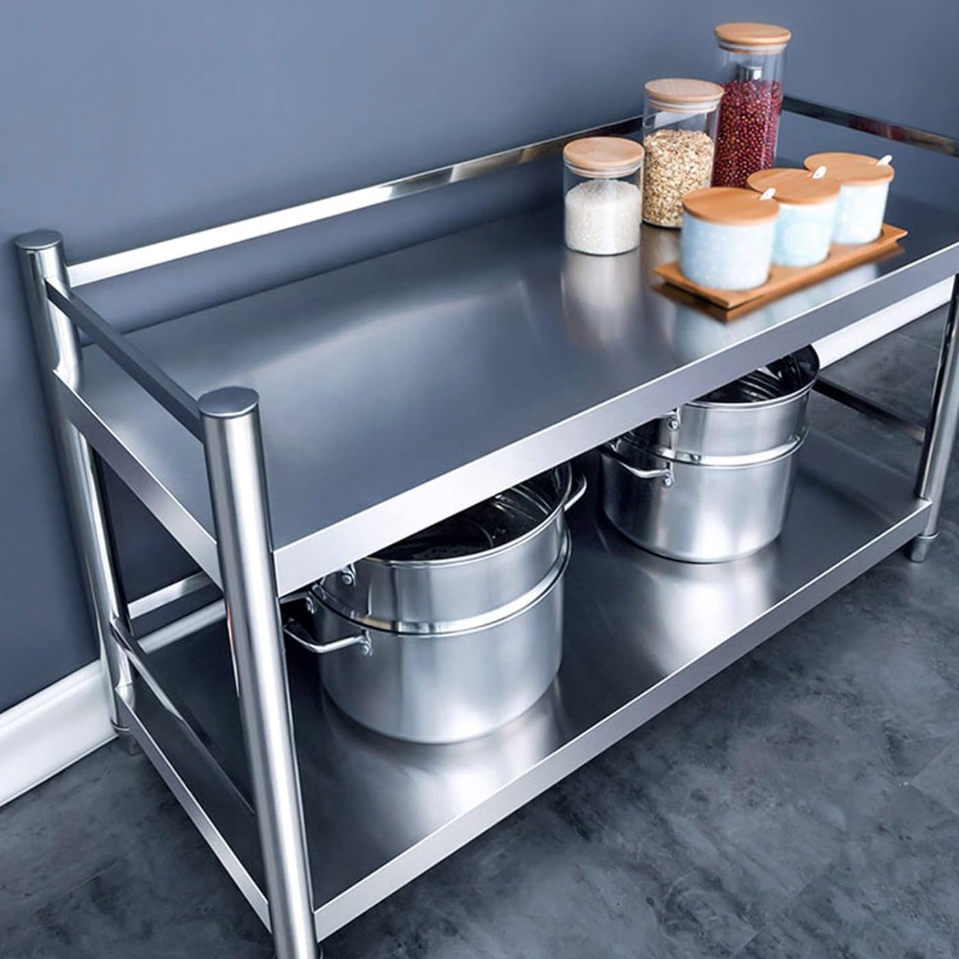 Mesa Acero Inoxidable Mesa De Trabajo Acero Inoxidable Muebles De Cocina para Exteriores Mesa De Trabajo con Barandilla EstanteríA para Cocina 2 Tiers H 95cm L80 x W35 cm