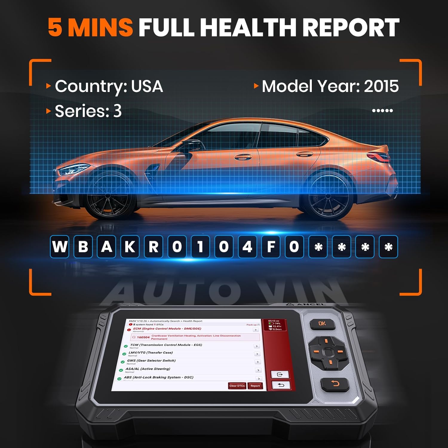 ANCEL FX6000 performing Auto VIN scan and health report