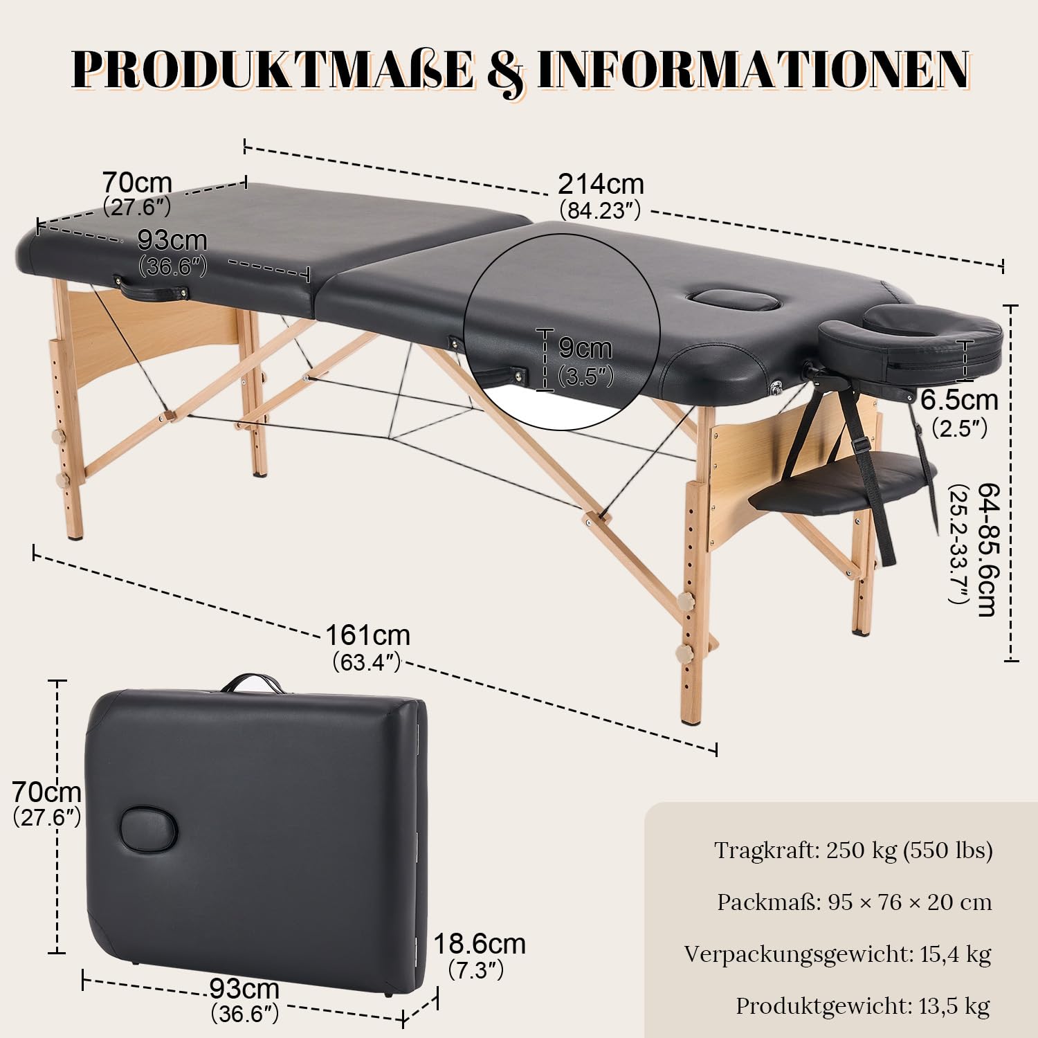 Kidol&Shellder Massageliege 70cm breit, klappbar höhenverstellbar, 250kg Tragfähigkeit, 9cm PU Polsterung, Tragetasche, rutschfeste Füße, Schwarz