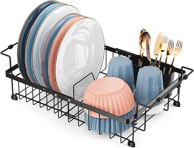 iSPECLE Dish Drying Rack - Dish Drainer on Counter, Over Sink Dish Rack or in Sink Draining Rack, Kitchen Drainer with Removable Cutlery Holder Large Capacity(Black, Medium)