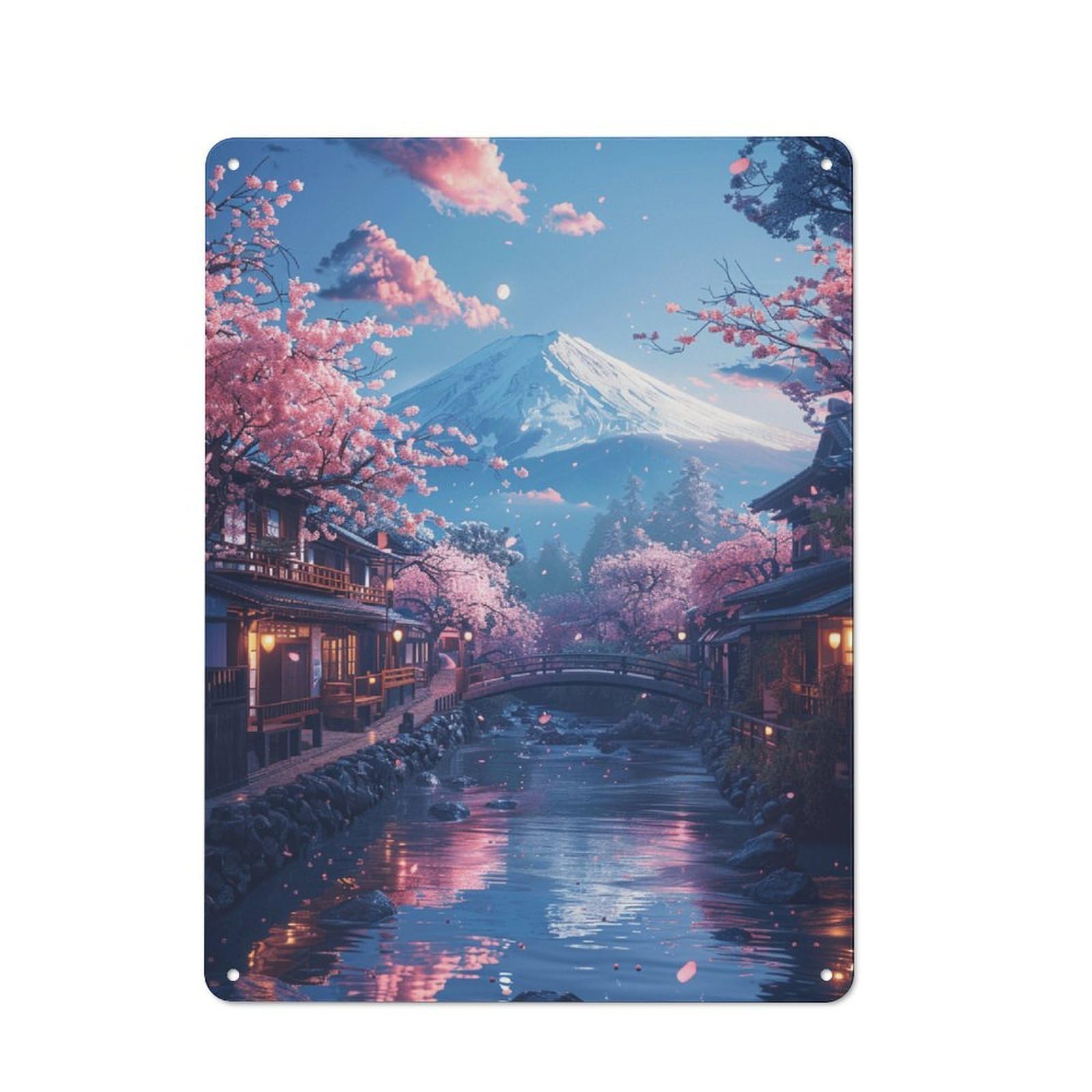 Junmoney Style-1 Metal Plaque With Cherry Blossom Village Scene Design 40X30cm, Vintage Bistro Wall Plaque For Coffee Bar, Kitchen, Bistro Or Tea Corner