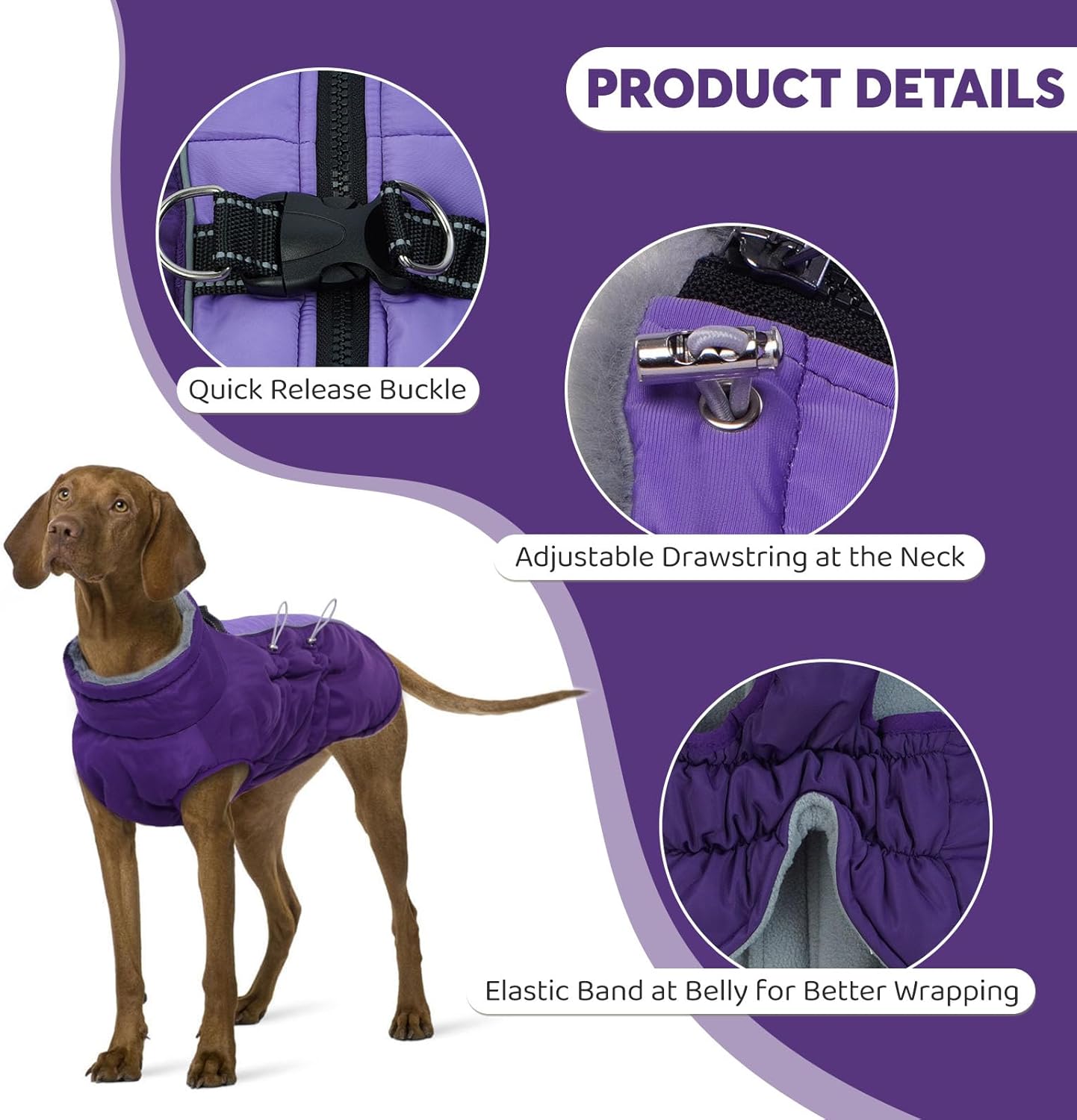 IDOMIK Warm Dog Coat with Harness, Waterproof Reflective Dog Jackets for Small Medium Large Dogs, Fleece High Collar Winter Jacket with Zipper, Pet Winter Snowsuit Clothes for Cold Weather,Purple 3XL