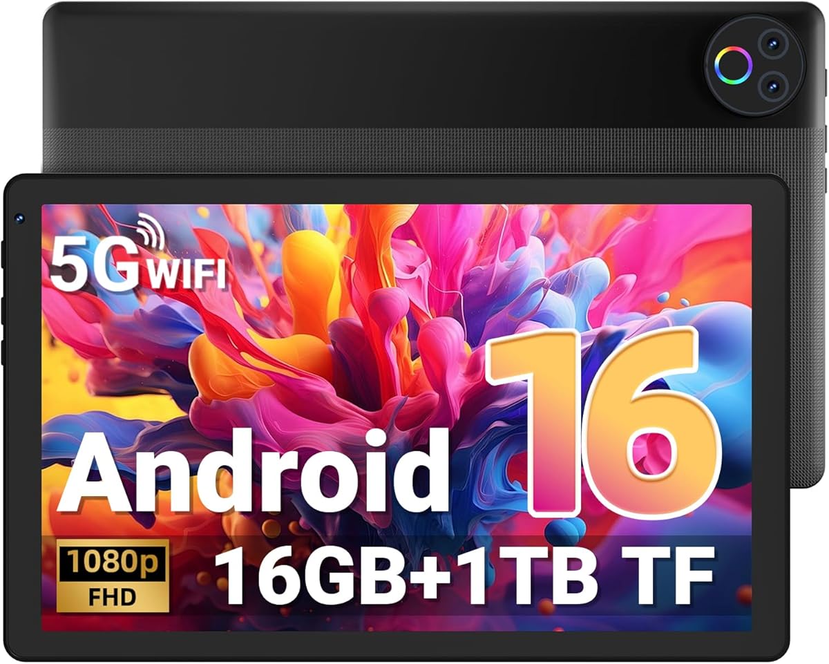 Gleeso Tablet｜Android 16 Tablet 10 Inch｜16GB RAM 1TB TF Android Tablets with Face Unlock｜Widevine L1｜BT 5.4/5G WiFi｜5MP Dual Camera, OTG Tablet PC - Black