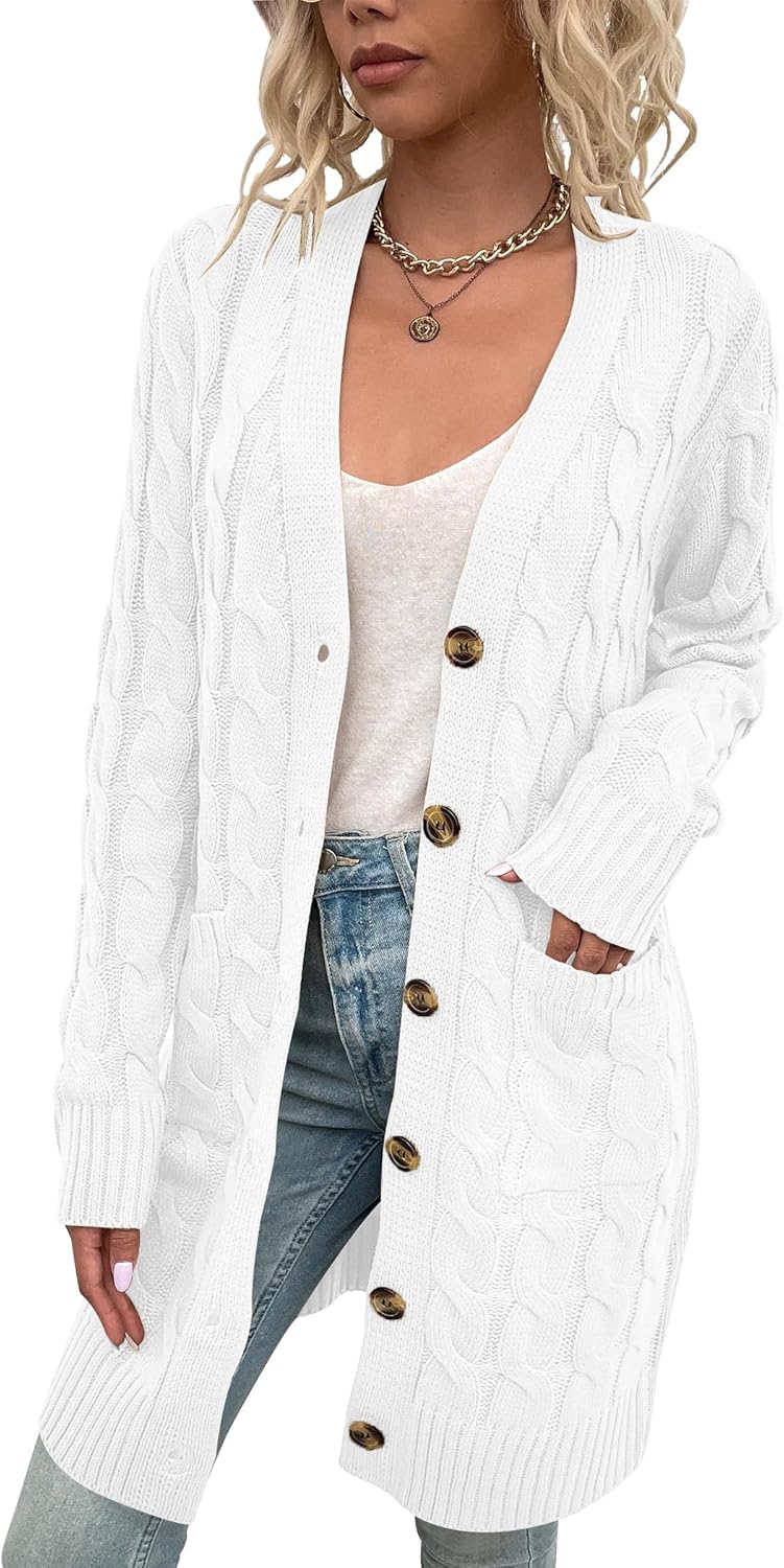 Womens Cardigan Long Sleeve Cable Knit Sweater Open Front Loose Outwear with Pocket