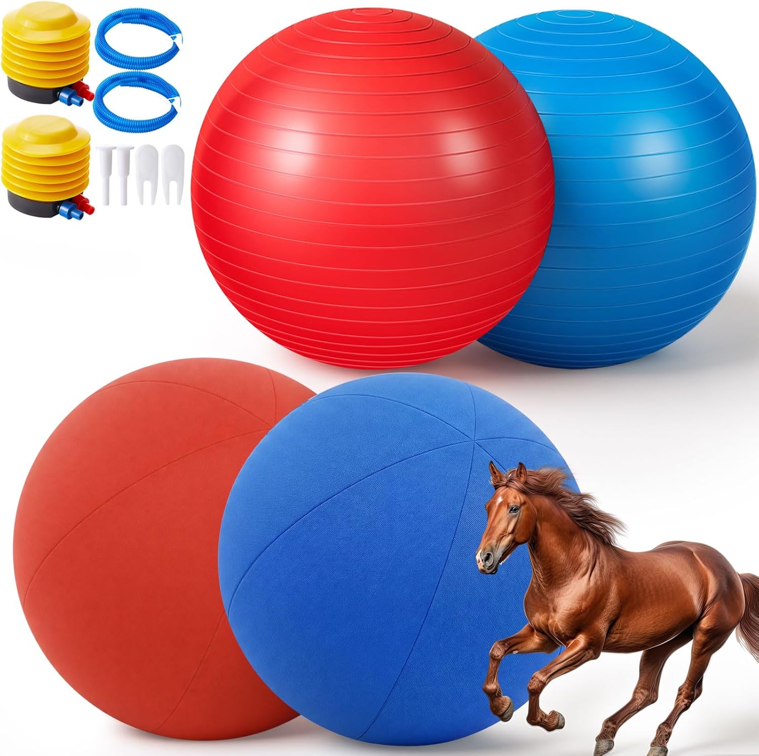 2 Set Giant 40" Herding Ball with Cover Anti Burst, Waterproof Durable Large Horse Toy, Please Watch VCR for Inflating Horse Toys for Equine Pasture Stall Outdoor, Pump Included (Blue, Red)