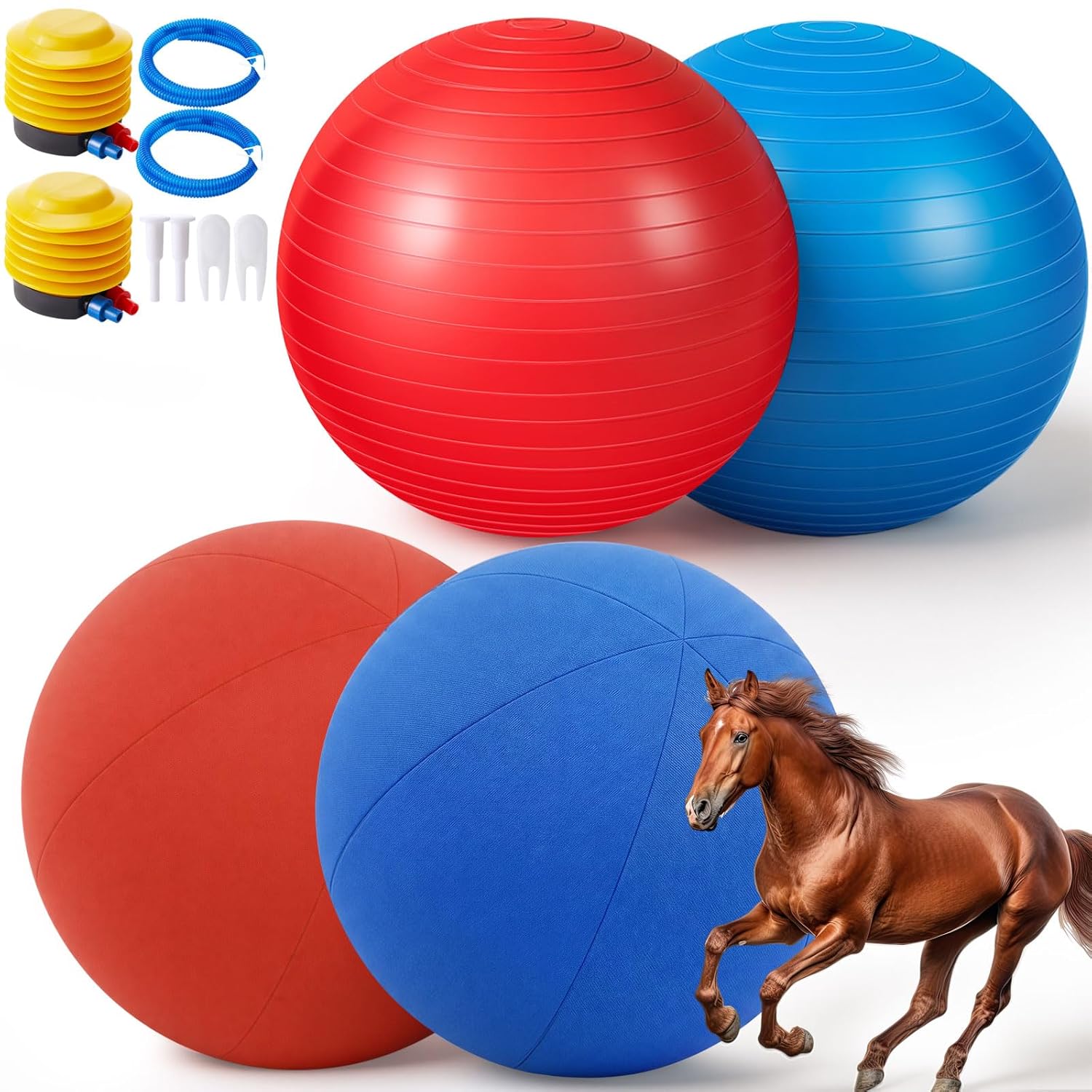 2 Set/4 Pcs Giant 40" Herding Ball with Cover Anti Burst, Large Horse Toy Waterproof Durable, Watch VCR for Inflating Horse Toys for Equine Pasture Stall Outdoor, Pump...