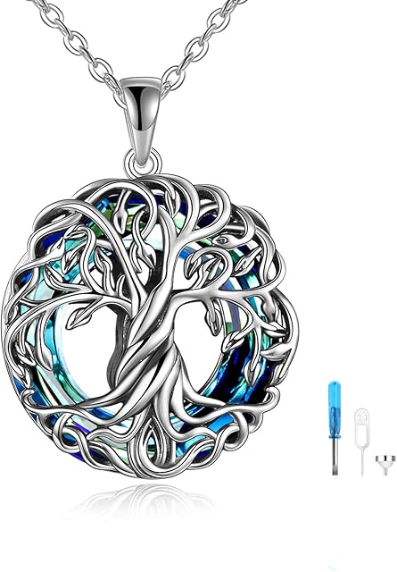 TOUPOP Ashes Jewellery Urn Necklace for Ashes s925 Sterling Silver Tree of Life Urn Necklace Keepsake Ashes Memorial Locket with Circle Crystal Cremation Jewellery with Funnel Filler
