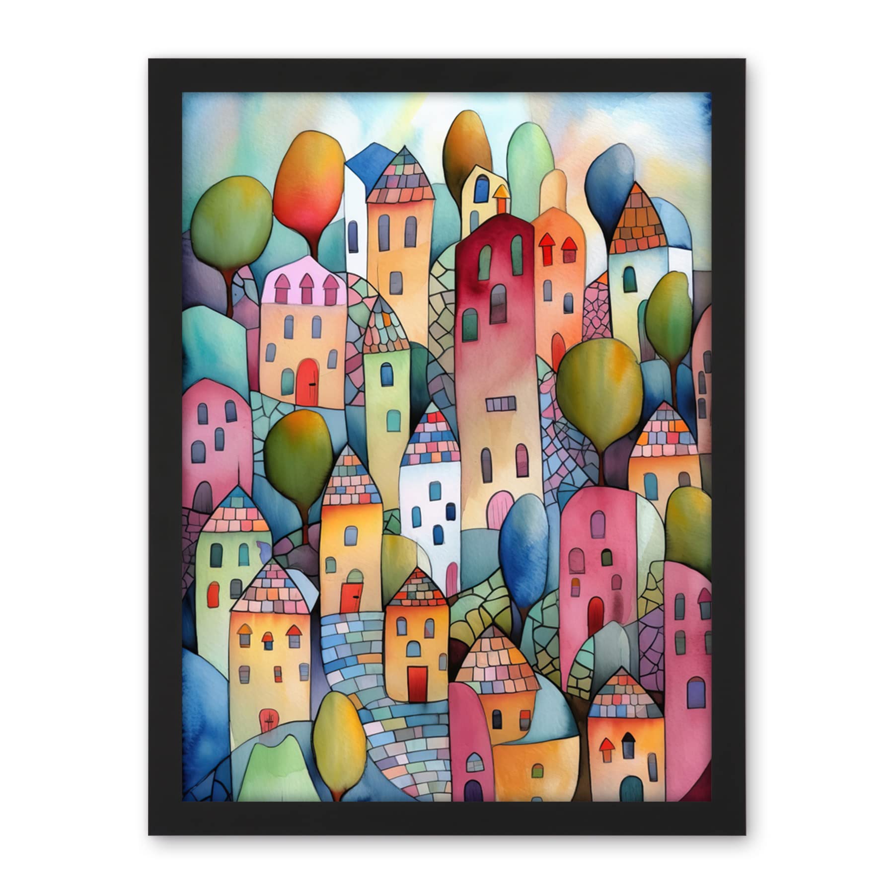 Artery8 Village On The Hill Cobble Streets Folk Art Artwork Framed Wall Art Print 18X24 Inch