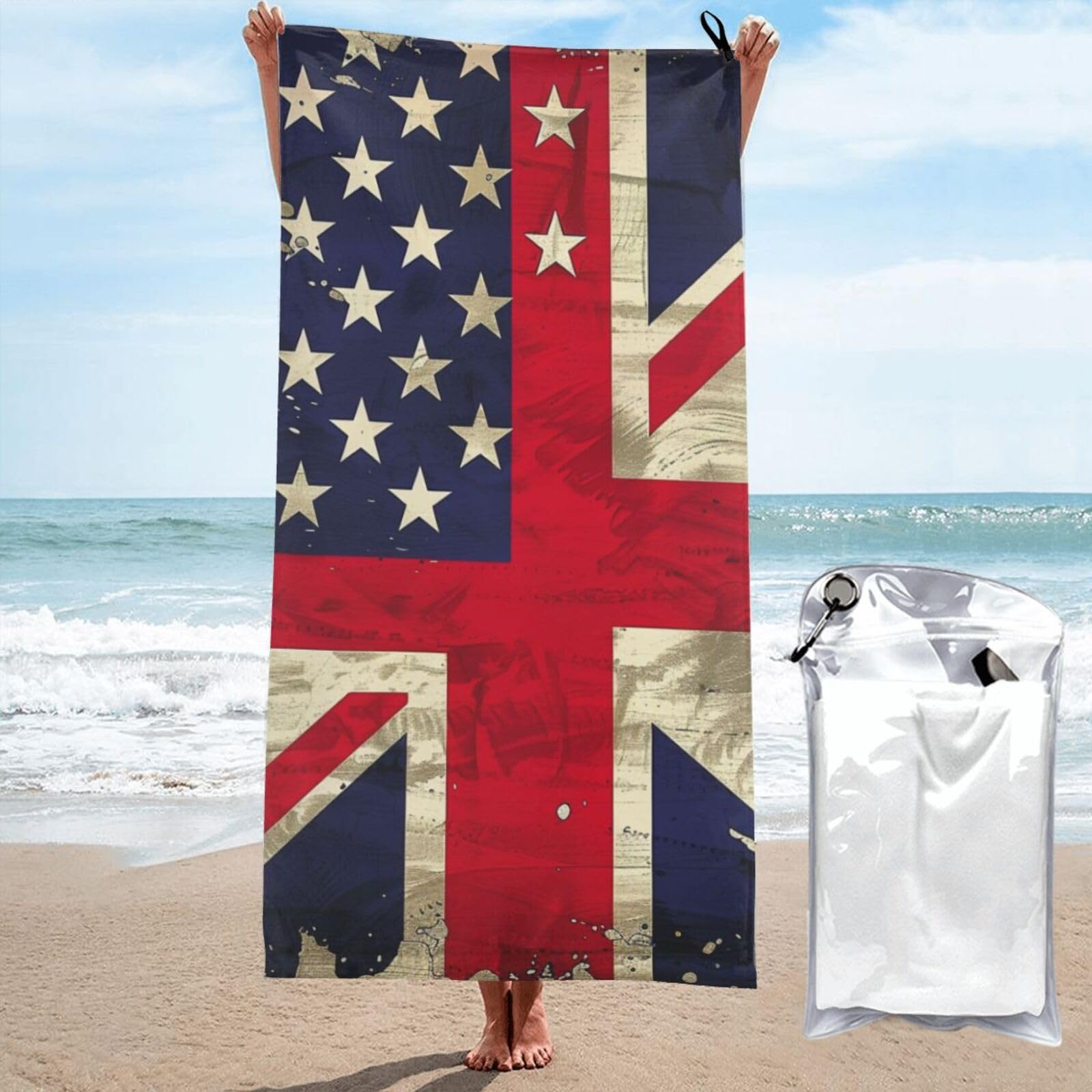 BWWHCCTI USA Uk Flag Printed Microfiber Quick Dry Beach Towel 80x160 CM, Fast Drying Bath Towels with Bags for Travel,Camping,Gym,Beach,Swimming,Yoga