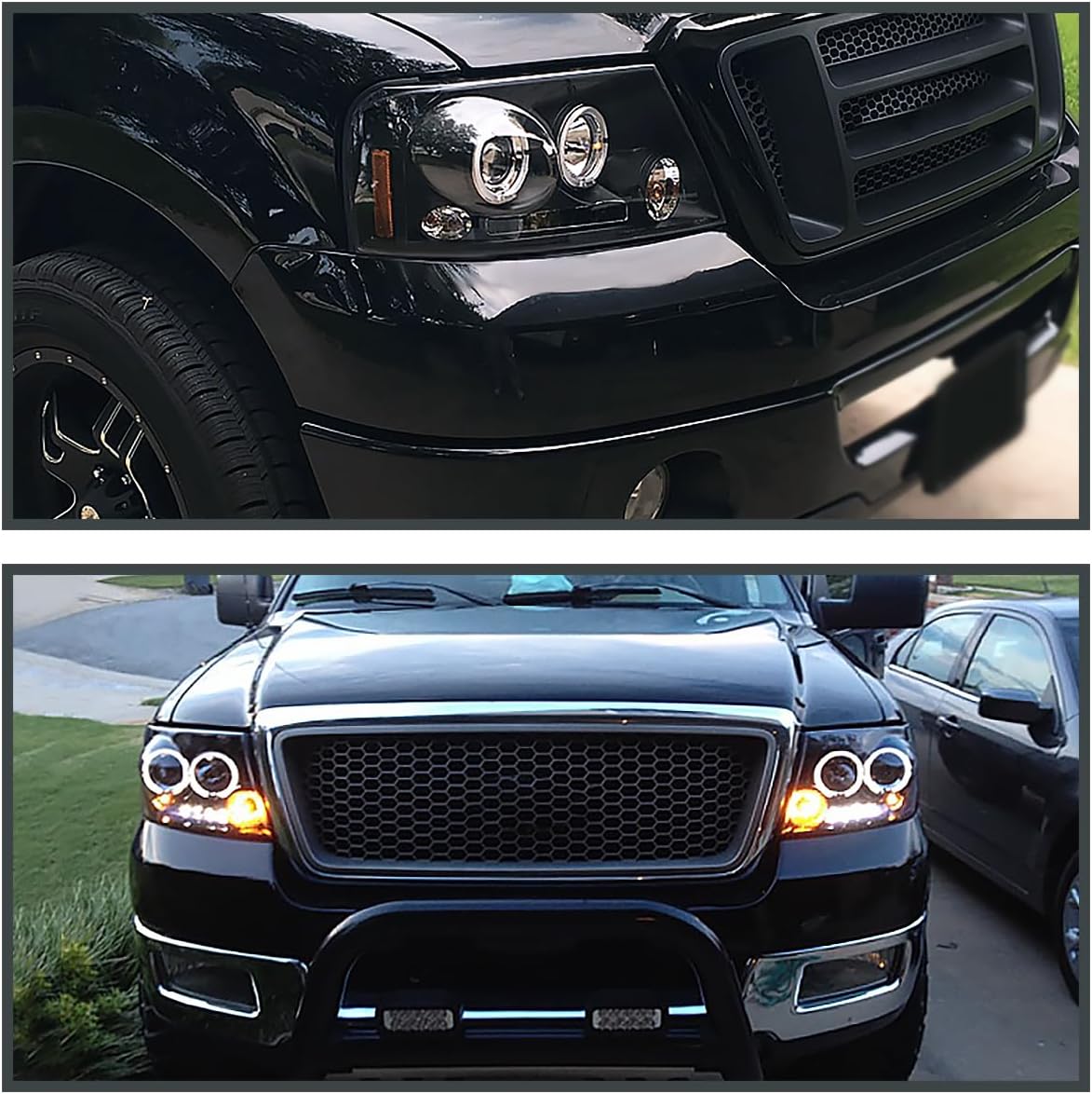 SPEC-D TUNING Dual Halo Projector Headlights Black Compatible with 2004-2008 Ford F-150, 2006-2008 Lincoln Mark LT, Left + Right Pair Headlamps Assembly