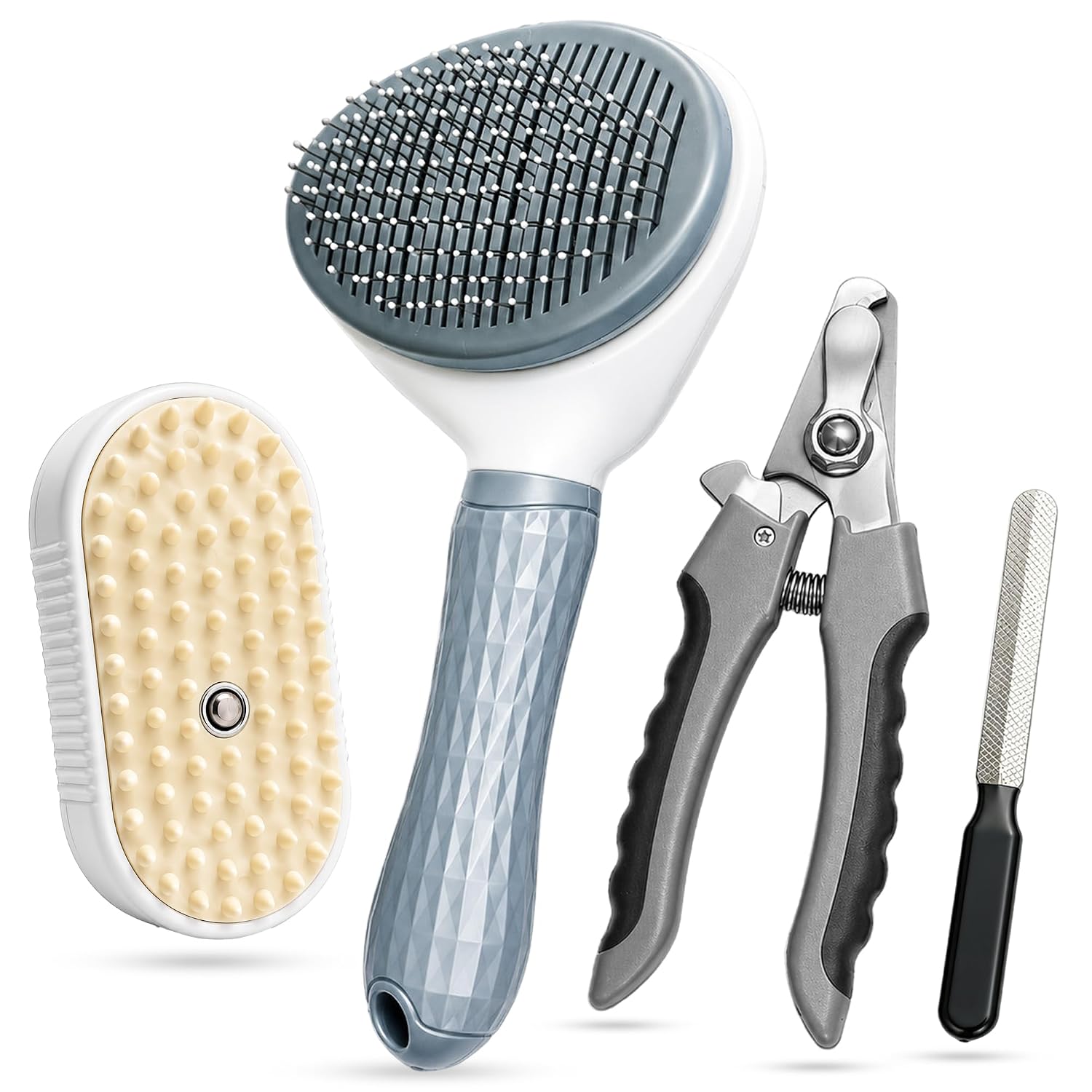3-in-1 Dog Grooming Kit – Steam Massage Brush, Self-Cleaning Slicker Brush with Hair Removal Button & Professional Nail Clipper with File – At-Home Grooming Set for Dogs & Cats