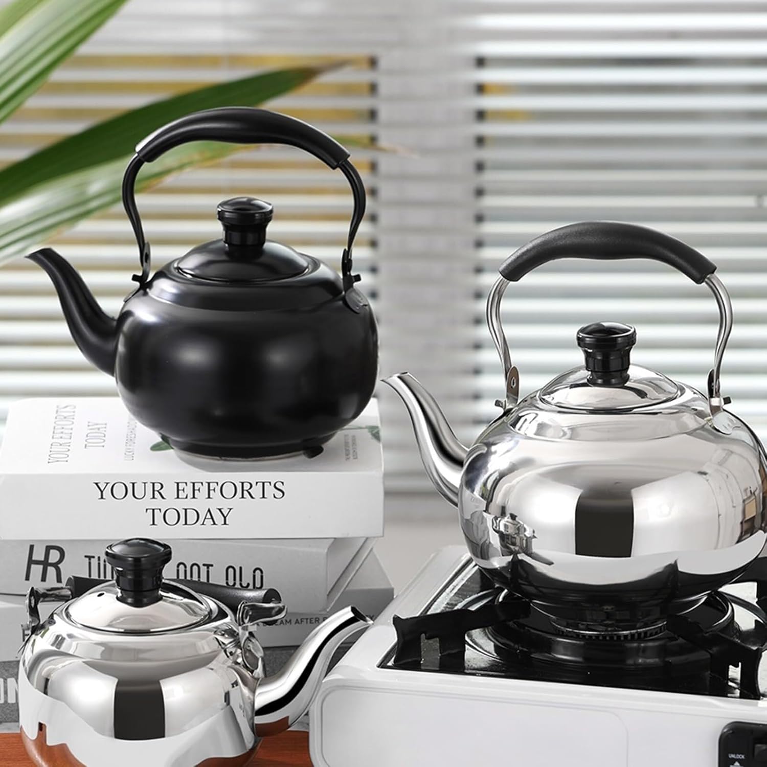 Black Tea Kettle Stovetop with Infuser, Stainless Steel Tea Pots for Stove Top with Cool Touch Ergonomic Handle Teapot(1.5L)