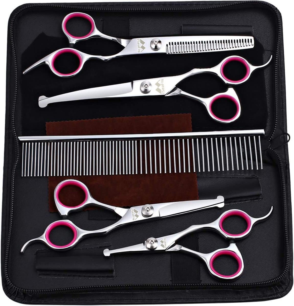 Dog Grooming Kit with Round Tip, 6 in 1 Cat Dog Grooming Scissors, Stainless Steel Pet Grooming Shears for Full Body, Face, Nose, Ear and Paw (pink)